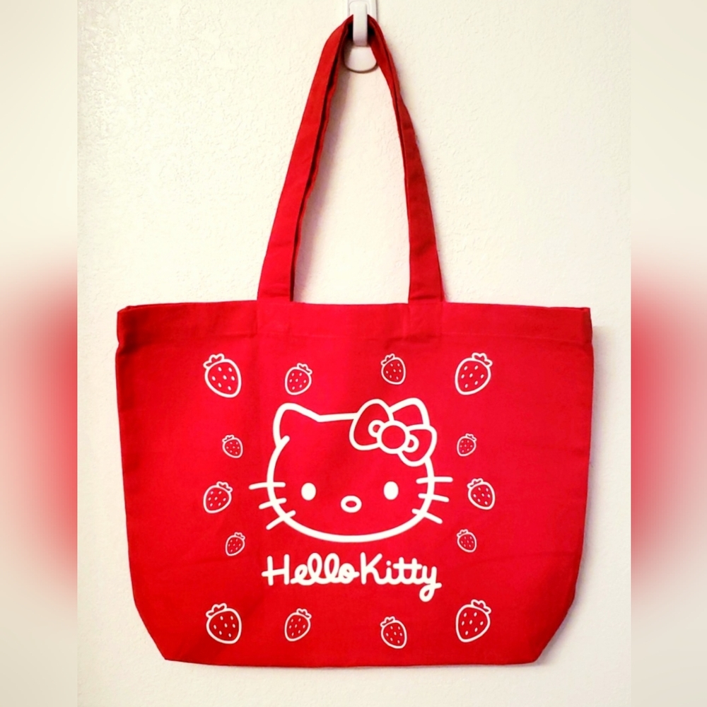 Hello Kitty Reusable Tote Bag, Red Hello Kitty Book Bag, Strawberry Sanrio Tote